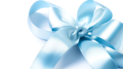 Beautiful light blue ribbon with bow isolated on white background. Generative AI