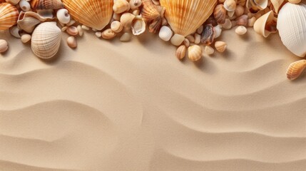 Summer vacation and travel concept background. Sand anbd sea shells, space for copy. Generative AI