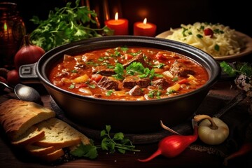 Premium and delicious goulash cuisine displayed on a table - obrazy, fototapety, plakaty