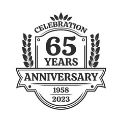 65 years anniversary icon or logo. Vintage birthday banner design. 65th anniversary yubilee celebration badge or label. Vector illustration.