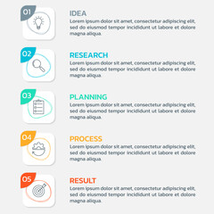 5 steps, option infographic. Menu, list design with business icons. Presentation, layout banner. Modern info graphic template. Vector illustration.