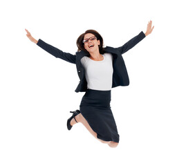 Jump, winner and portrait of business woman excited, cheers and success for sale, celebrate or...