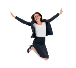 Jump, winner and portrait of business woman excited, cheers and success for sale, celebrate or freedom. Energy, winning and corporate person, air or celebration isolated on transparent png background