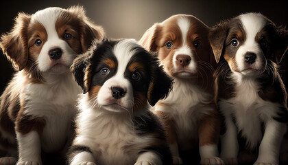 Group of puppies, a group shot of five lovely pups, Generative AI