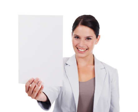 Portrait, poster or happy businesswoman with blank banner isolated on transparent png background. Professional person smiling with mockup paper, board or sign for announcement or advertising space