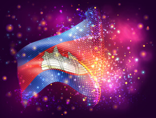 Cambodia, vector 3d flag on pink purple background with lighting and flares