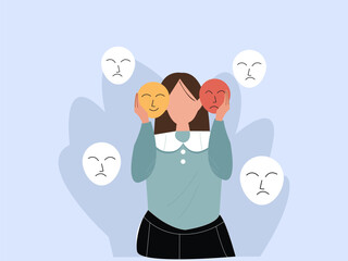 Woman with emotions. Mental health and psychology, awareness. Young girl chooses one of two masks. Mood, feelings and facial expressions. Fake and pretender. vector illustration.