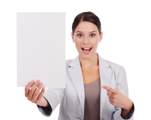 Excited, surprise and woman pointing whiteboard for promotion isolated in a transparent or png background. Corporate, employee and young business entrepreneur showing promo, deal or sale discount