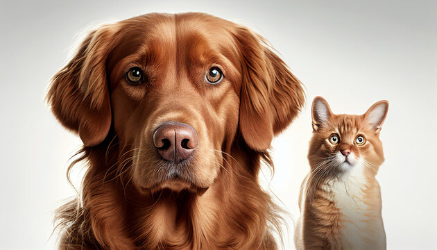 Golden retriever dog and cat, Isolated photo of a ginger cat staring at a retriever dog, Generative AI
