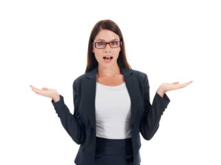 Palm, decision and business woman portrait isolated on transparent png background with wow emoji. Choice, confused or surprised person with why sign or hands for presentation, offer or questions