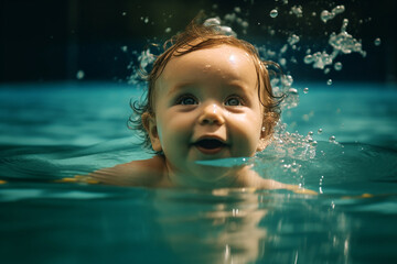 Fototapeta na wymiar baby in pool having fun with swimming during summer