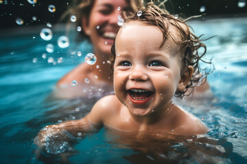 Fototapeta na wymiar child has fun in the water with his mother