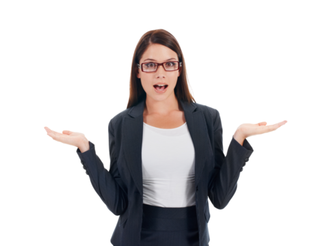 Palm, decision and business woman portrait isolated on transparent png background with wow emoji. Choice, confused or surprised person with why sign or hands for presentation, offer or questions