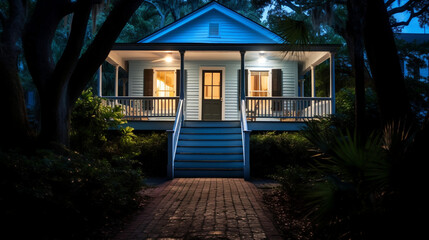 Fototapeta na wymiar House with Porch at Night