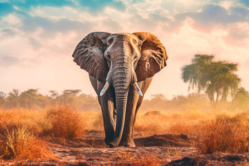 Big elephant walking in the African savannah