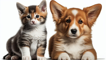 Obraz premium A kitten and a puppy sit together on a white background, Generative AI
