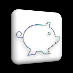 Icon design, piggy bank sign, square 3D icon on a white cube, iridescent metallic outline with sequins.