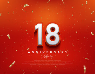 18th Anniversary. with white 3d numbers on fancy red background. Premium vector background for greeting and celebration.