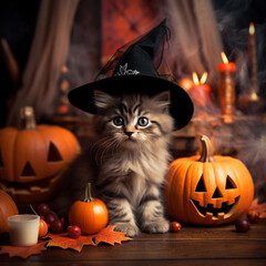 Cute kitten in a Halloween costume. Halloween Spooky and Scary. Cute cat on dakr Halloween background. AI Generative.