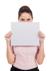 Business, woman and blank poster over face isolated on transparent, png background. Portrait of person with mockup paper sign for corporate announcement, contact us information or advertising space