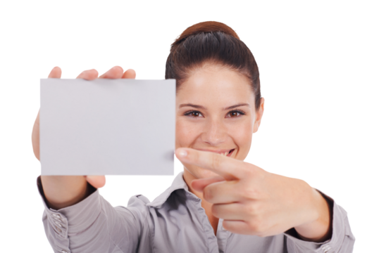 Woman, hand and pointing at business card advertising isolated on transparent, png background. Professional person portrait and mockup paper for corporate advice, contact us and space for brand logo