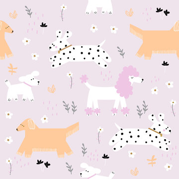 Pastel seamless pattern with flowers and dogs. Childish print. Vector hand drawn illustration