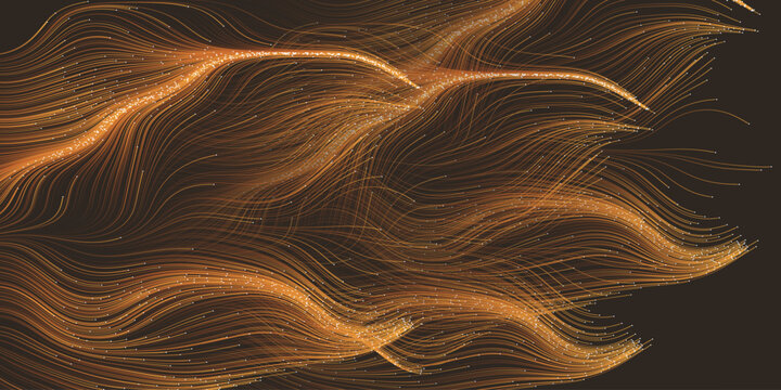 Dark Brown Moving, Flowing, Stream of Particles in Curving, Wavy Lines - Digitally Generated Dark Futuristic Abstract 3D Geometric Background Design, Generative Art in Editable Vector Format