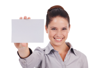 Mockup, portrait and a woman with business card in hand, isolated on transparent, png background. Professional person with blank paper for corporate advice, contact us or advertising space for logo