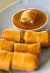  Fried Chinese Traditional Spring rolls food in ceramic plate (beautiful shape) on white background