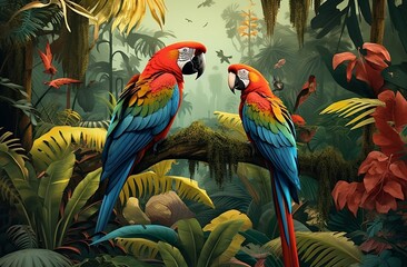 Obraz premium Illustration of a tropical rainforest with parrots.
