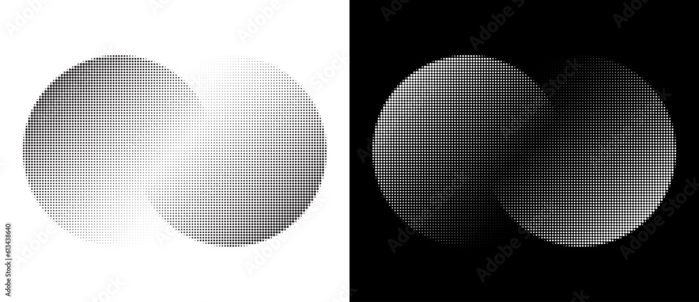 Poster two circles with transition or unity. halftone dotted abstract background. black shape on a white ba