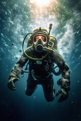 Underwater view of diver wearing wetsuit, diving goggles and oxygen , AI GENERATIVE
