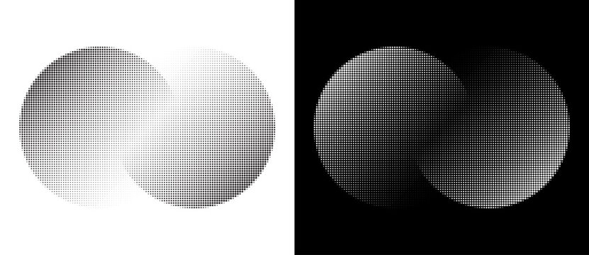 Two circles with transition or unity. Halftone dotted abstract background. Black shape on a white background and the same white shape on the black side.