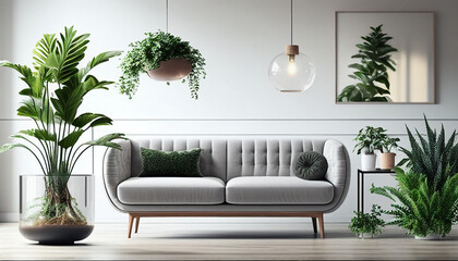 Modern living room with sofa, Interior design of a modern living room with a sofa and green plants, Generative AI
