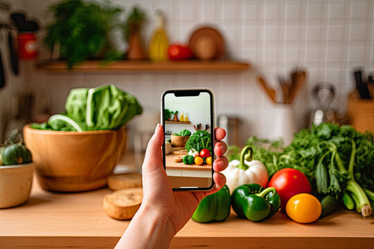 Hand In Kitchen Holding Phone With Recipe On Screen For Online Food Recipe, ai generative