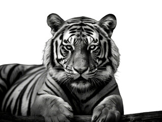 Seated Bengal Tiger Watching Intently - Bengal's Pause -  Black and White - Transparent background- Animal art made with Generative AI