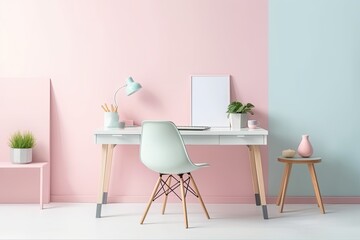 Pastel room with desk and chair for space work space and relax time. Generative Ai