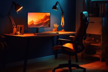 Dark room with PC and desk for workspace. Generative Ai
