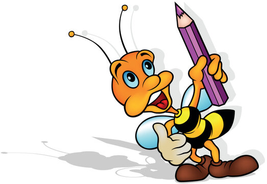 Bee Standing on the Ground Holds a Crayon in her Hand