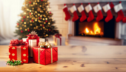 Fototapeta na wymiar Christmas gifts on wooden desk and blurred background of fireplace and xmas tree. Free space for your decoration. Generative AI