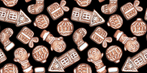 Seamless pattern Christmas gingerbread cookies. Watercolor hand drawn illustration on black background. Perfect for holiday textile, wrapping paper