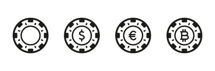 Betting Chip for Poker Set Black Icons. Luck Dollar Euro Bitcoin for Gamble Pictogram. Casino Currency, Poker Money Sign. Fortune Bet, Gambling Game Symbol Collection. Isolated Vector Illustration