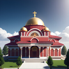 Greek Orthodox Church red with gold. Greek temple architecture. generative AI