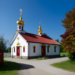 Fototapeta na wymiar white with golden domes church in Russia. Temple of the Russian Orthodox Church. generative AI