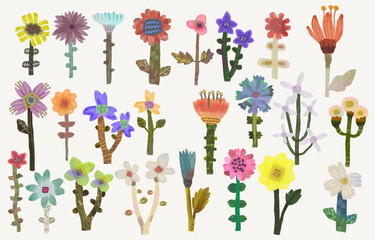 Flower and leaf watercolor painting vector illustration set isolated on a white background.