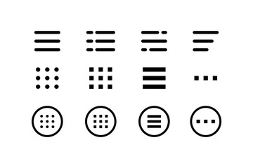 Menu icons, web and mobile navigation buttons of app ui. Isolated vector menu symbols of collapsed menu or navigation bar with three horizontal bars, squares, dots and ellipsis