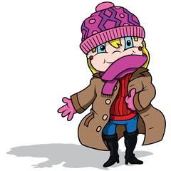 Blue-eyed Girl in Winter Clothes with a Cap and Scarf