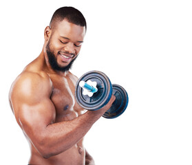 Naklejka na ściany i meble Black man, weightlifting and dumbbell, biceps and smile with fitness isolated on transparent png background. Strong male athlete flexing arm muscle, body and training with bodybuilder and exercise