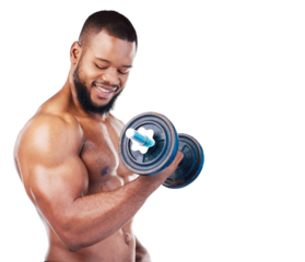Black man, weightlifting and dumbbell, biceps and smile with fitness isolated on transparent png background. Strong male athlete flexing arm muscle, body and training with bodybuilder and exercise