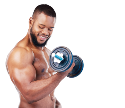 Black man, weightlifting and dumbbell, biceps and smile with fitness isolated on transparent png background. Strong male athlete flexing arm muscle, body and training with bodybuilder and exercise